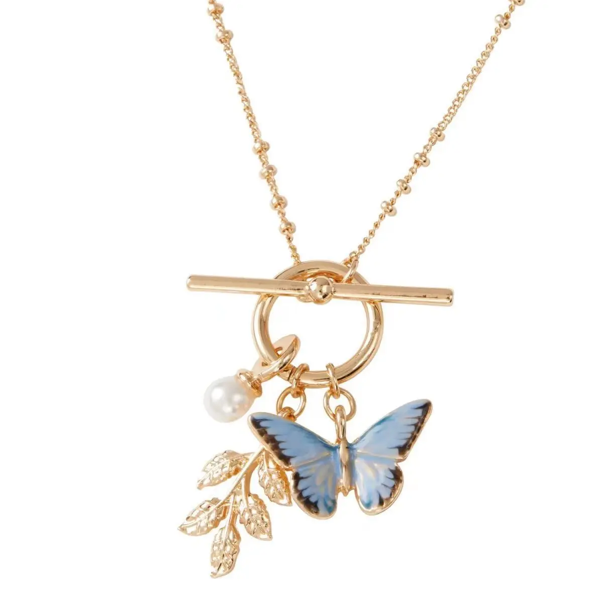 Fashion Enamel Blue Butterfly & Leaf Charm Brass Necklace 18k Gold plated Butterfly Necklace Jewelry For Women