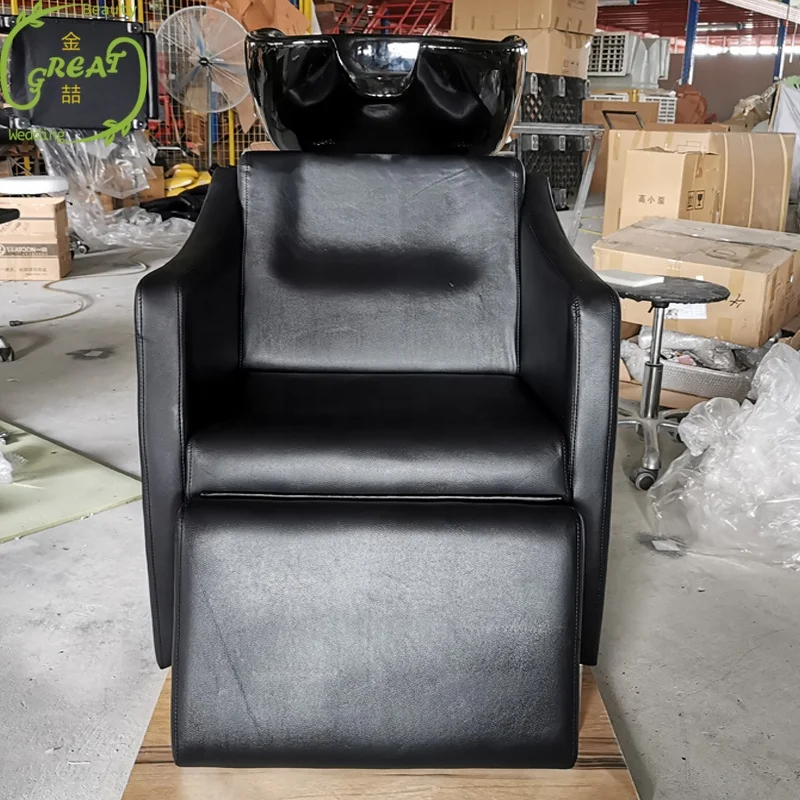Foshan Great Factory Best Quality Black Reclining Washing Sink And Footrest Control Salon Shampoo Chair Hairdressing Basin