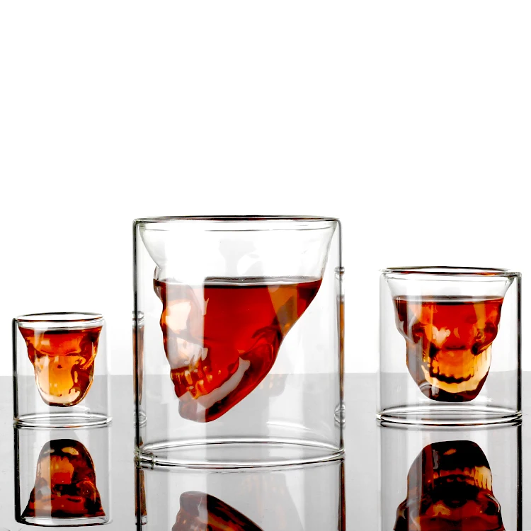 Unique design skull double wall glass skull shot glass skull shaped glass cup