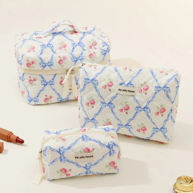 Handmade Quilted Bow Makeup Bag 3PCS Set Pink Gingham Zipper Toiletry Bag Custom Cute Cosmetic Bag Set for Women