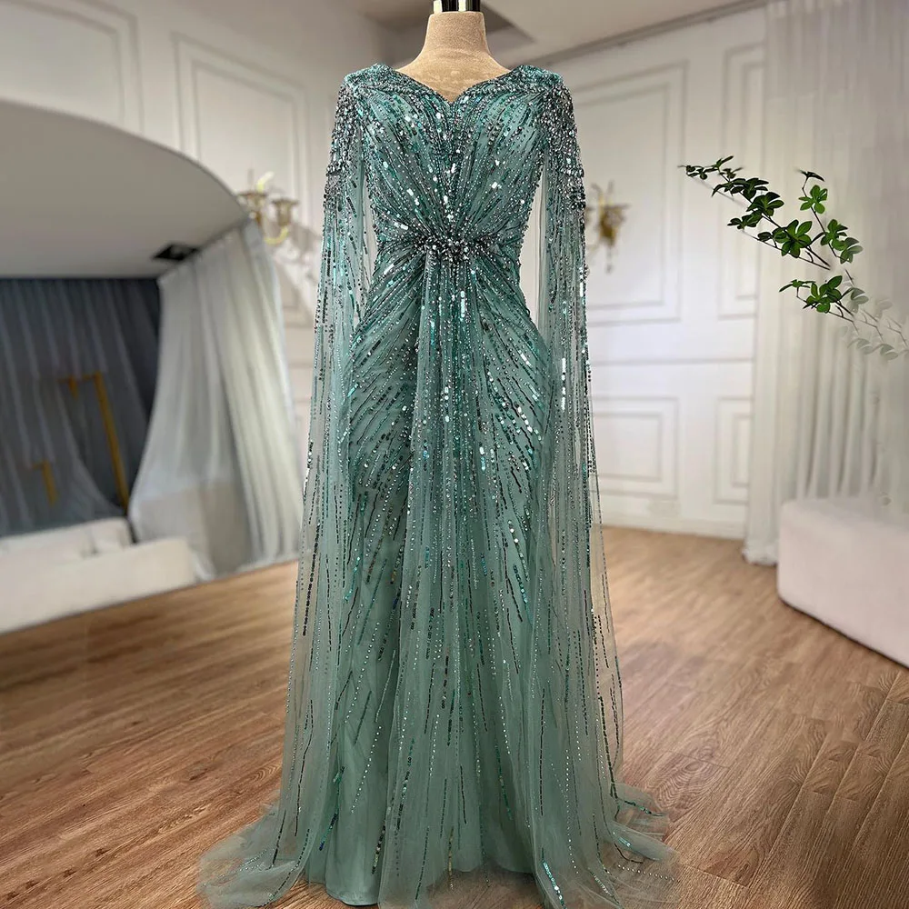 Turquoise Mermaid Beaded Cape Sleeves Evening Dresses Elegant Serene Hill LA72168 Arabic Party Gowns 2024 For Women
