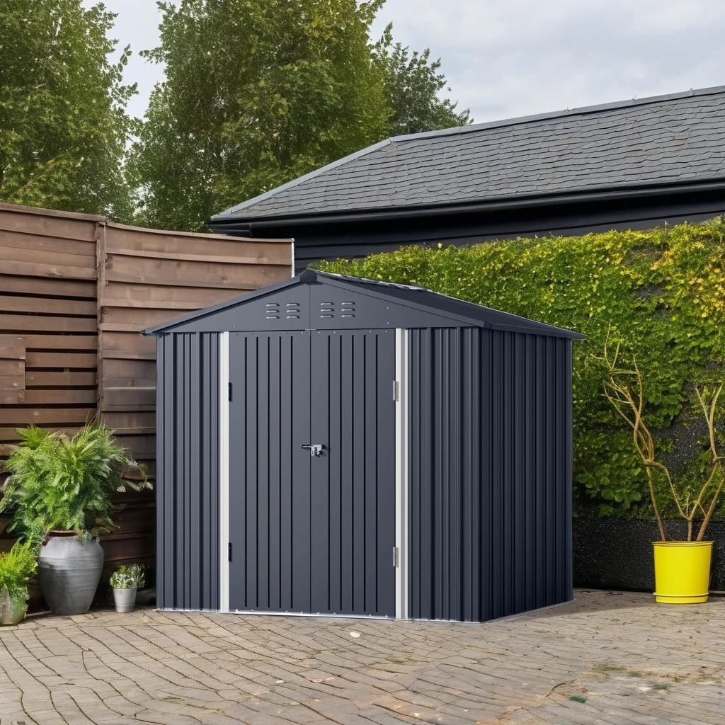 8 X 6ft Heavy Duty Garden Shed Apex Roof Metal Galvanized Steel House Dark Grey