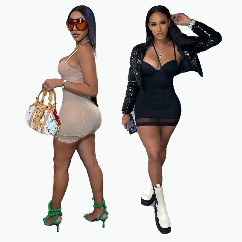 XS 2022 Club Spring Dresses Lace Patchwork One piece Party Mini Shapewear Tank Dress Sexy Nightclub Peplum Dresses Women