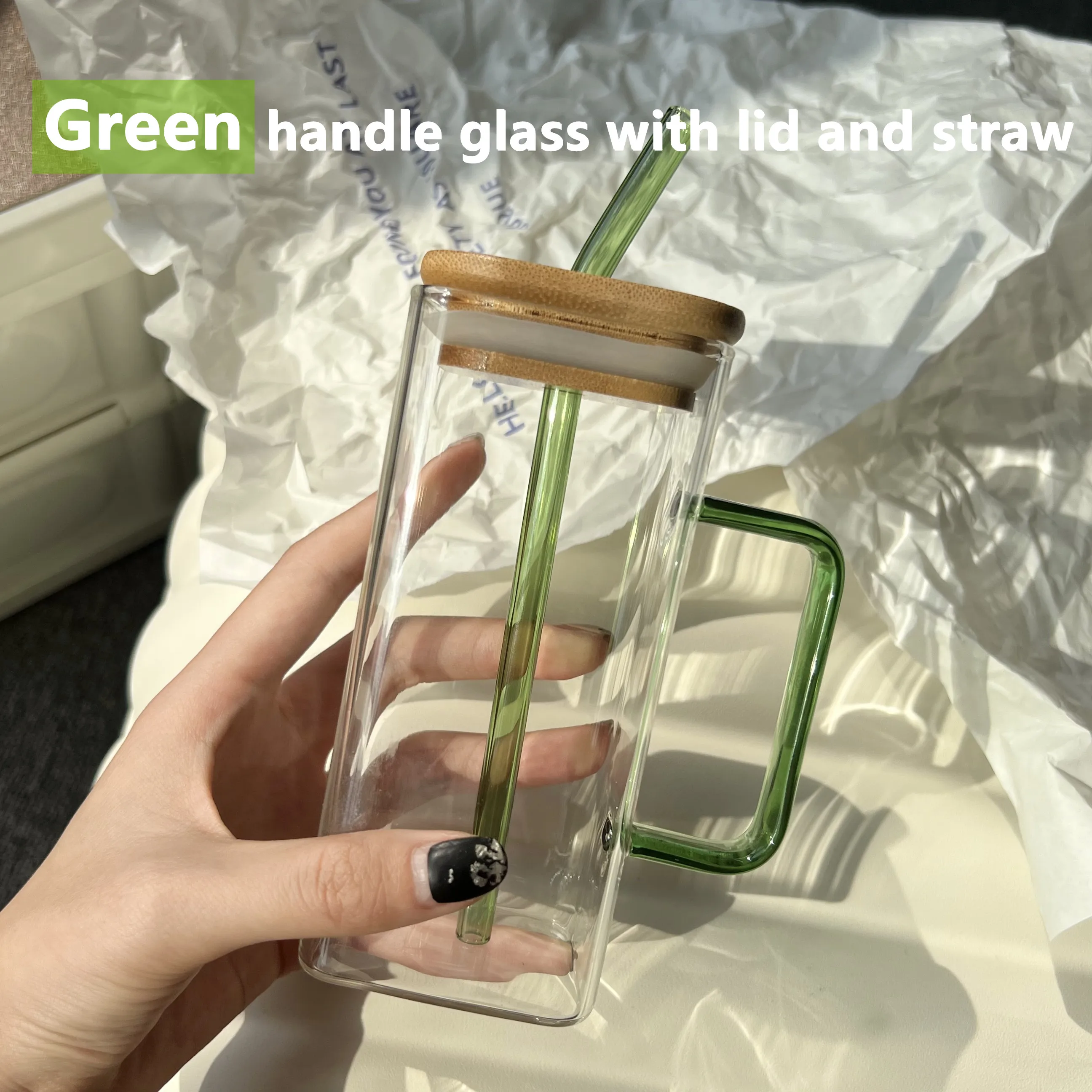 400ml 13oz  Clear Pink Green handle Cold Cups Clear SquareTumblers Borosilicate Glass beer Mug With Bamboo Lids And Straw