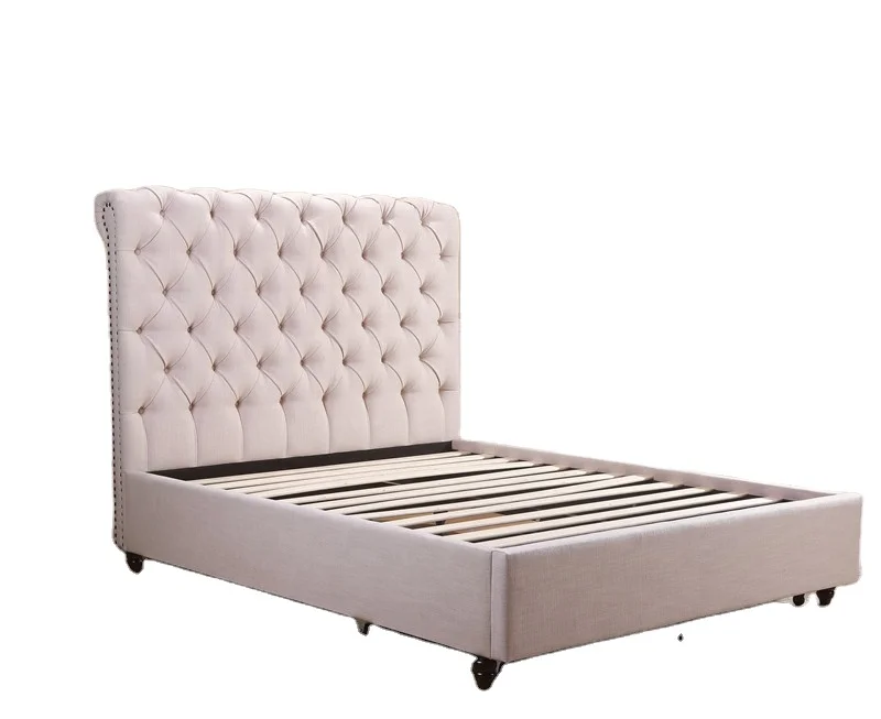 King size bed frame modern bed wing back chesterfield velvet fabric storage bed for bedroom