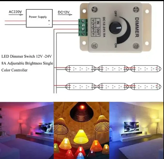 eSann 8A DC 12V Voltage Rotary Strip Led Controller Knob Light Dimmer Switch for Single Color Led Strip