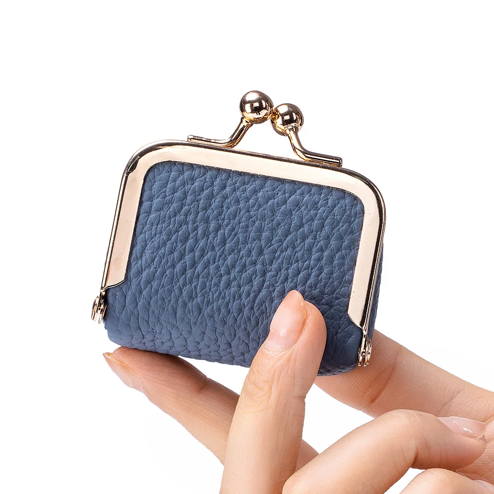 AndoBag Genuine Leather Mini Coin Purse Solid Color Kiss Lock Change Pouch Casual Style Small Jewelry Bag for Women