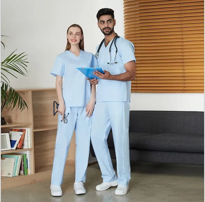 High-end polyester-cotton V-neck surgical gown hand-washing surgical nurse clothes split suit short sleeve custom wholesale