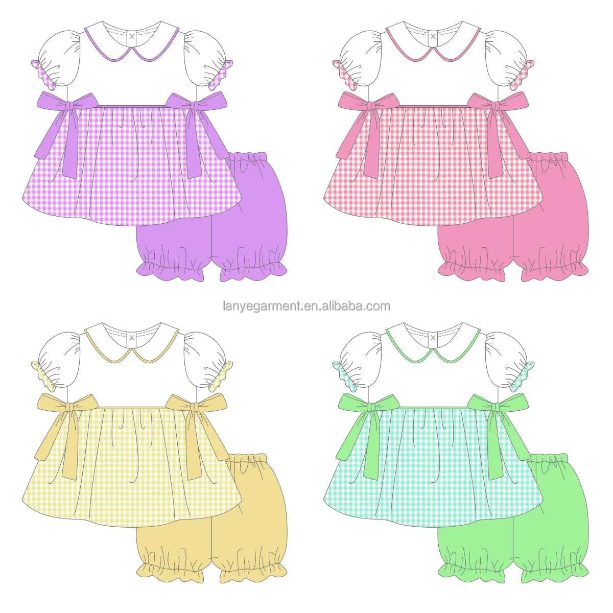 Bubble sleeve bow woven plaid doll collar strip children s boutique clothing baby clothing sets baby girls