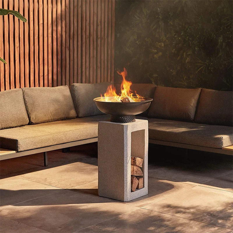 Rack MGO Firepit Outdoor Garden Fire Pit Charcoal Wood Faux Concrete Fire Bowl with Integrated Log Store Grill