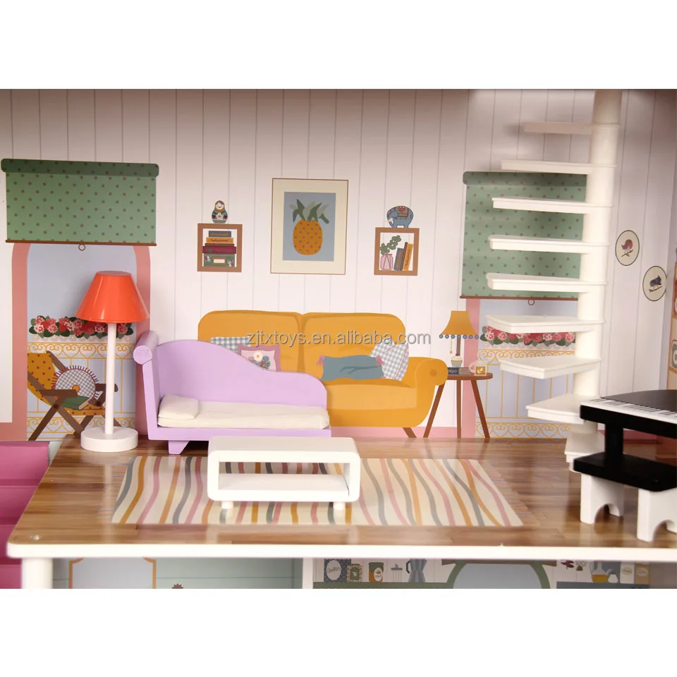 Wood single Bed Perfect Lovely Doll House UV Painting Safety Material Simulation Guitar sofa and table