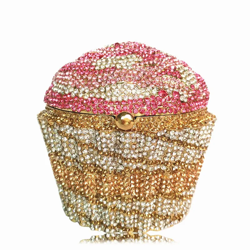 Christmas gift box wedding party bridal cupcake rhinestone sliver yellow gold evening bag bling lady clutch purse for