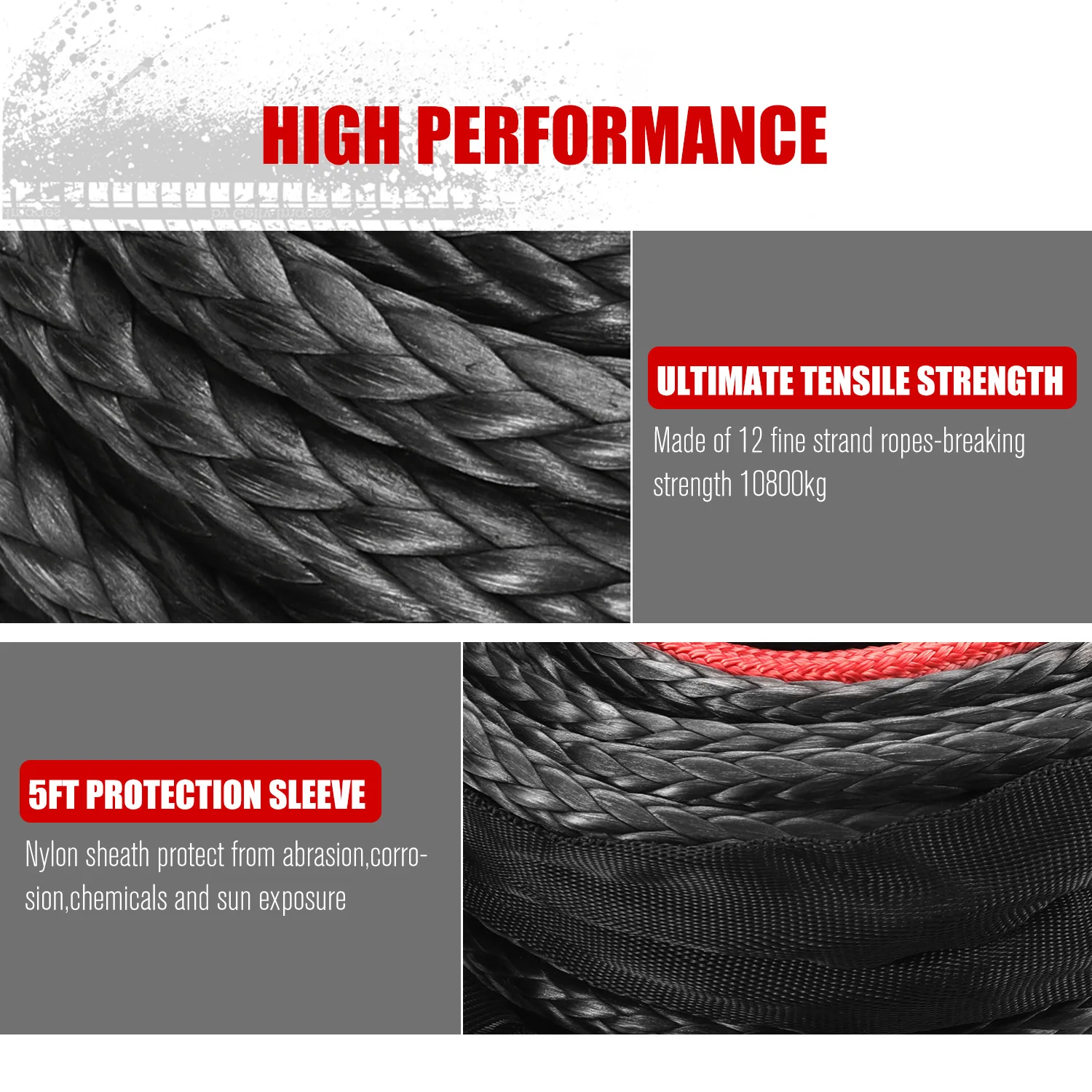 FIERYRED 3/8' Inch X 85FT Breaking Strength Synthetic Winch Rope With Black 4WD Hook for SUV ATV Trailers Offroad
