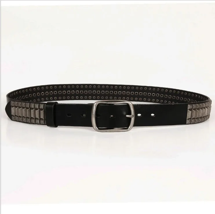 Direct Factory Custom Rivet Decoration Fashion Individuation Cow Leather Belt with Copper Buckle and Accessories