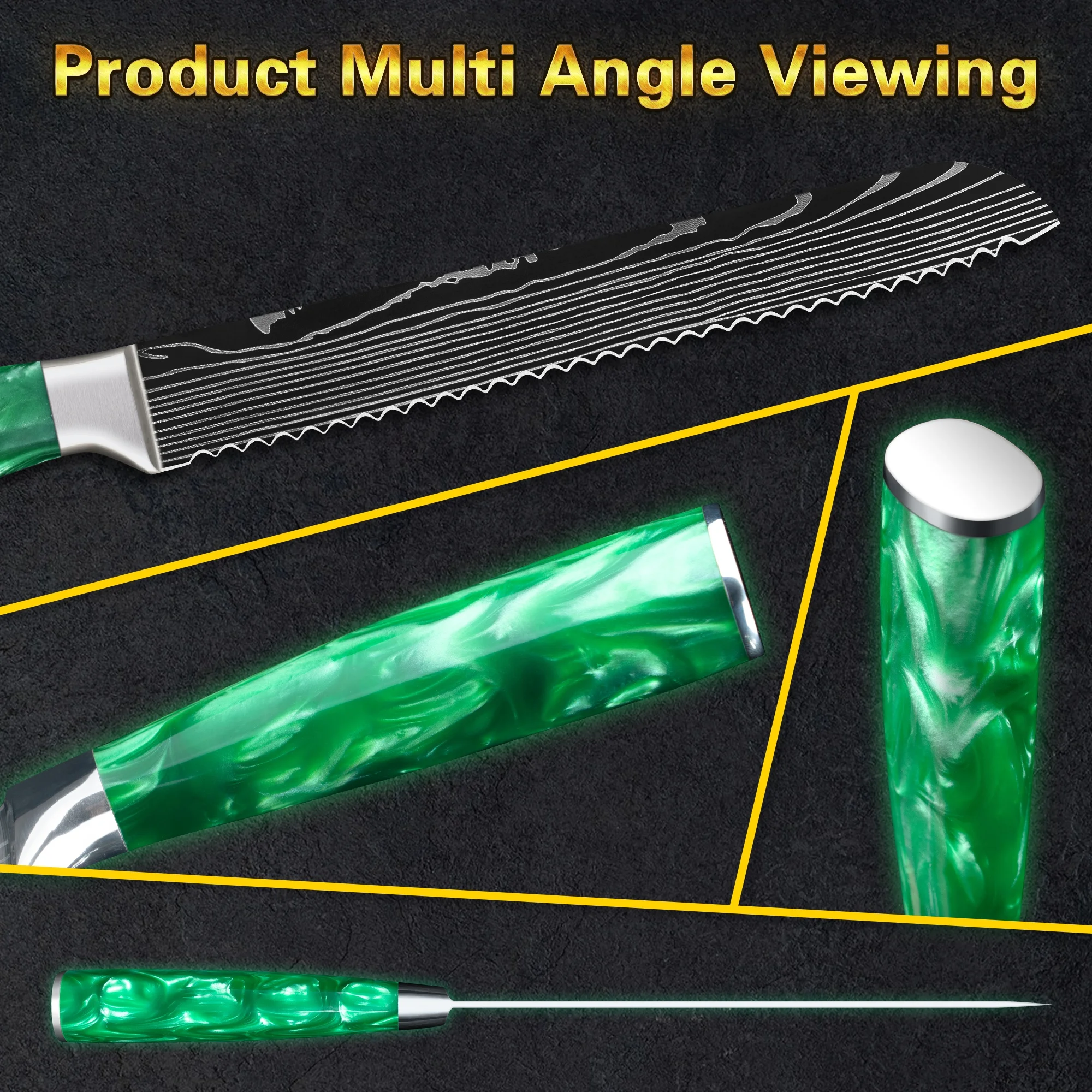 Профессиональный дамасский нож для хлеба из высокоуглеродистой нержавеющей стали с зеленой ручкой смолы логотипом на заказ скидка 10% 8 дюймов