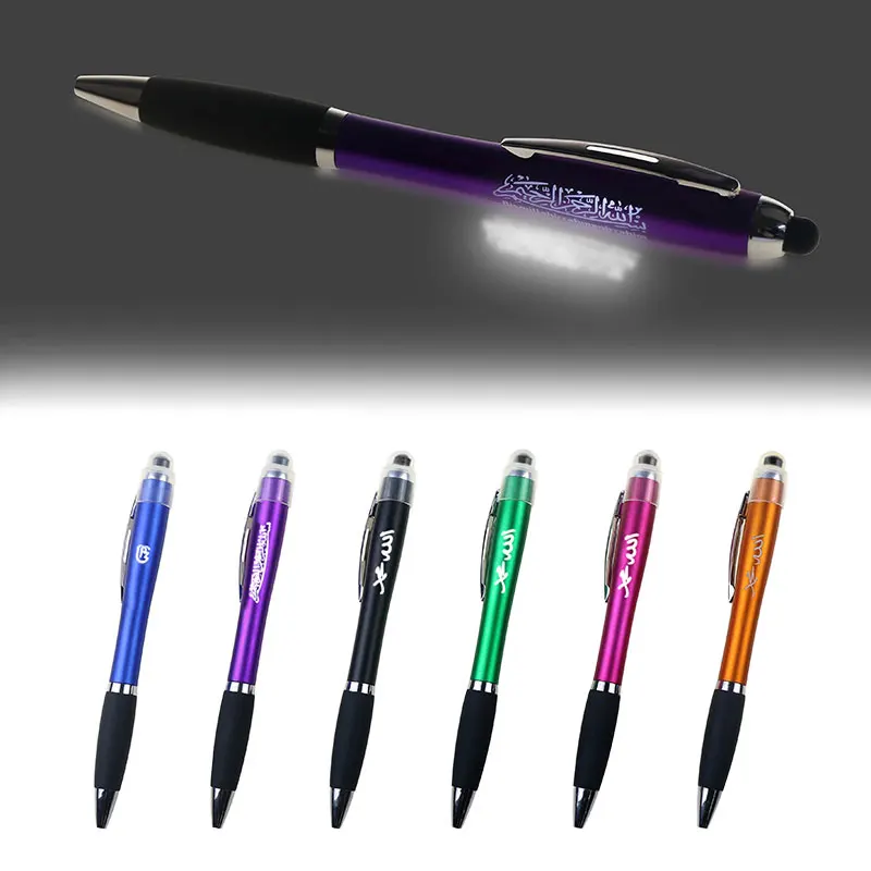 BECOL Wholesale Multi-function Led Light up Logo Pen Colorful Advertising Ballpoint Pen Customized Plastic Ball Pen with Stylus