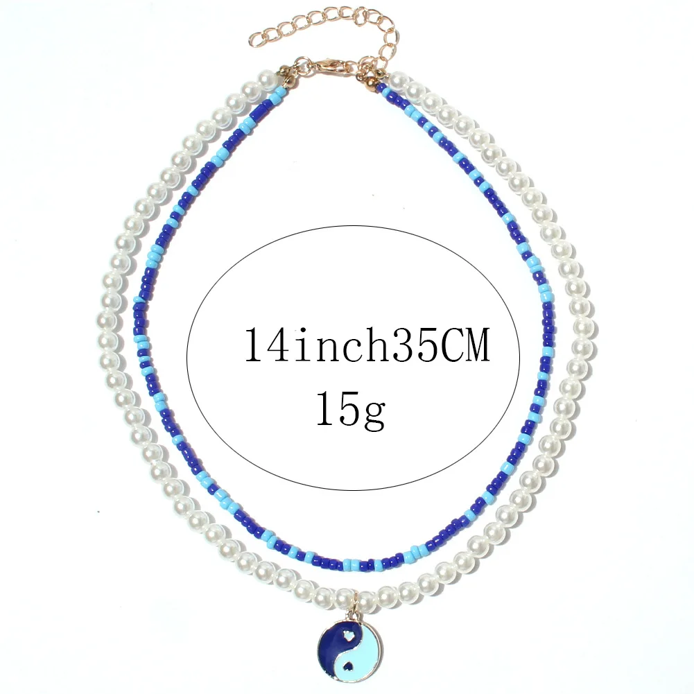 Vintage Tai Chi Yin Yang Pendant Multi layer Necklace Handmade Seed Beads with Imitation Pearl Necklace for Women