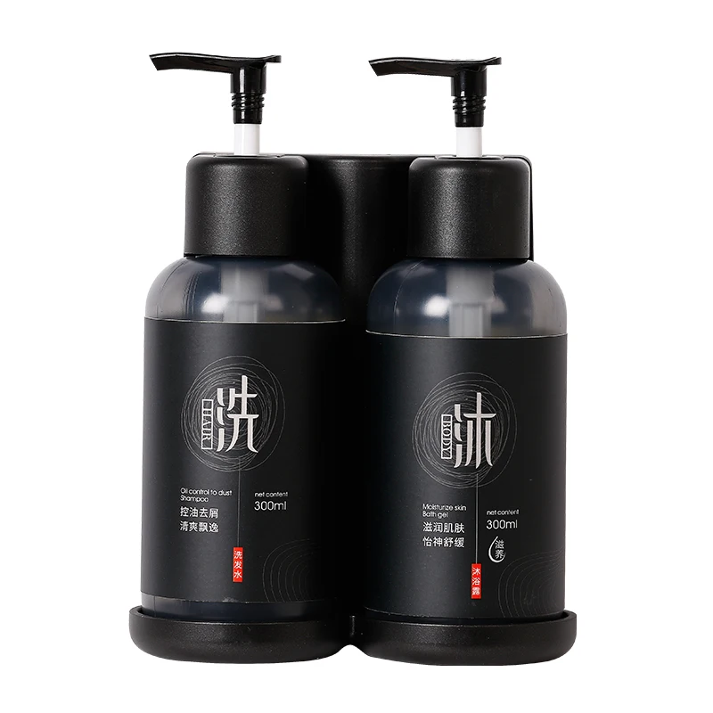 Factory Wholesale Hotel Black Soap Dispenser Plastic Manual Bathroom 300ml Double Hand Shampoo Shower Soap Liquid Dispenser Set (1600124673415)
