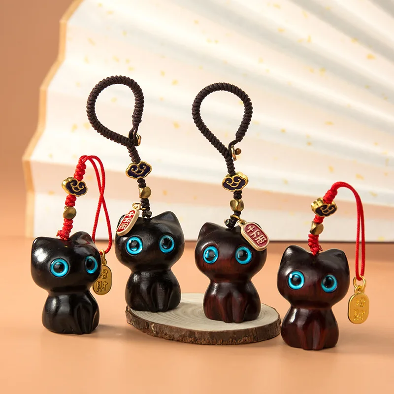 Sandalwood Wooden Cat Keychain Anime Cute Mobile Phone Chain Wooden Pendant Personality Creative Cute Accessories