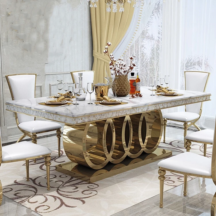 Contemporary UK DUBAI Royal furniture italian design gold stainless steel marble top rectangle big dining table 10 seater set