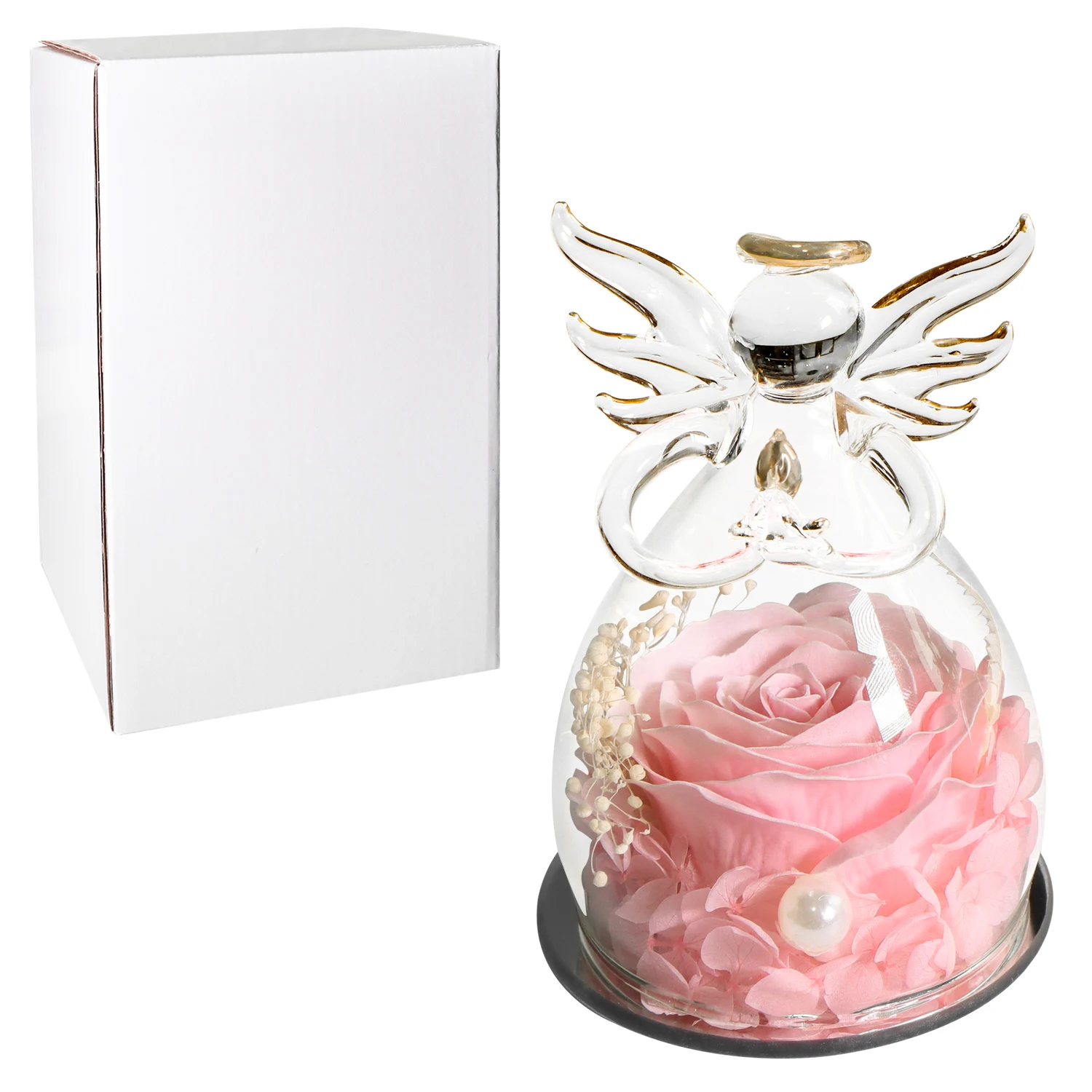Valentines Day Gift Angel Preserved Soap Rose Artificial Flowers In Angel Dome Glass Gift For Women and Girls