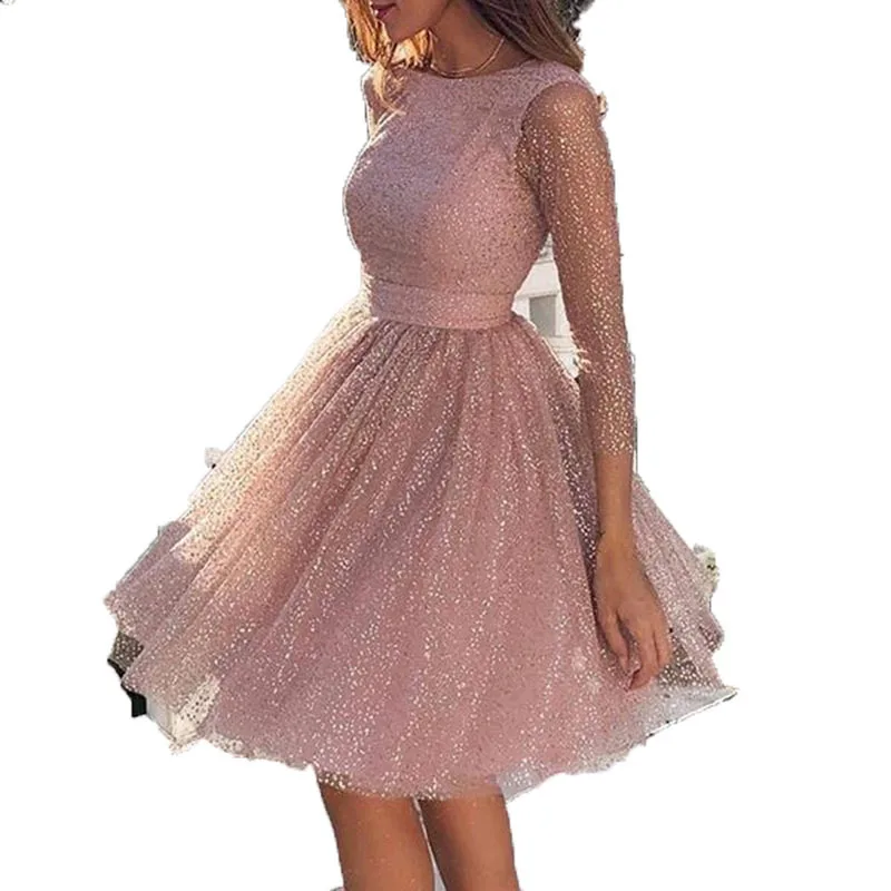 Fashion Long Sleeve High Waist Evening Dresses for Mature Ladies Cocktail Party Dress