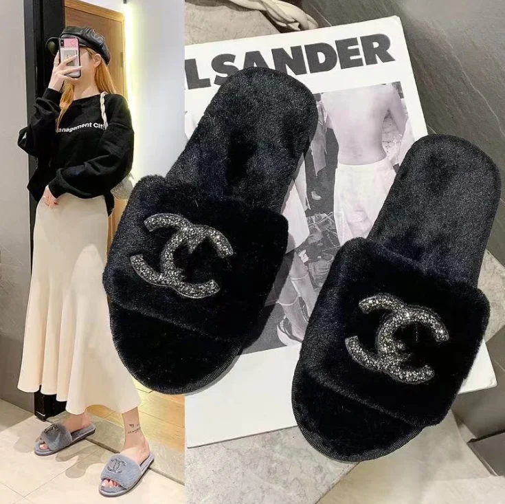 2022 Autumn Winter New Fashion Custom Plus Velvet Home Slippers Bright Diamond Flat Bottom Warm Cotton Thermal Fur Slippers