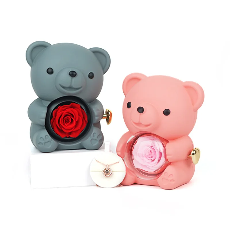 Rotating Hug Bear Rose Jewelry Box Acrylic Plastic Soap Flower Gift Box for Ring and Necklace Storage and Presentation