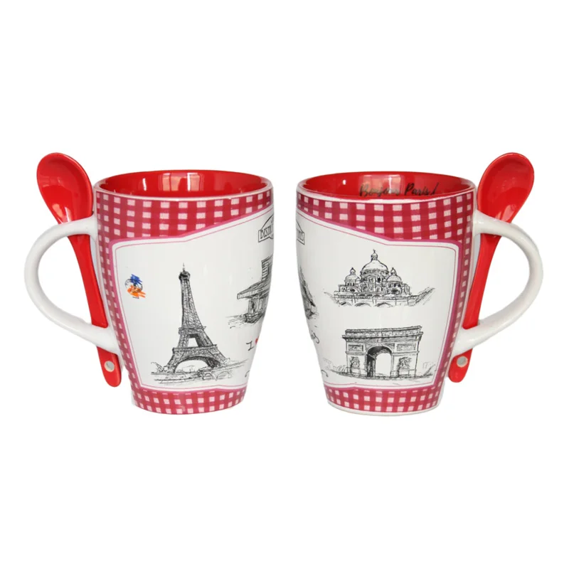 Custom Design Souvenir Elegant Eiffel Tower Ceramic Mug Perfect for Paris Travel Gift Unique Coffee Cup Set with Spoon