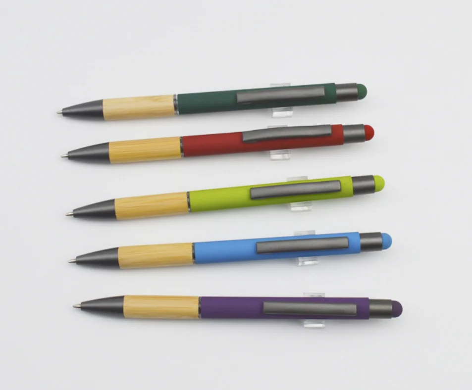 Bamboo pen with metal colored barrel touch screen with customized logo