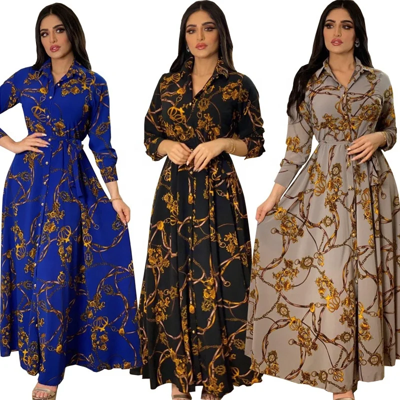 RHG Wholesale Women Dubai Tutkish Arab Kaftan Long Sleeve Maxi Dress Ethnic Islamic Clothing Flower Printed Abaya  Muslim Dress