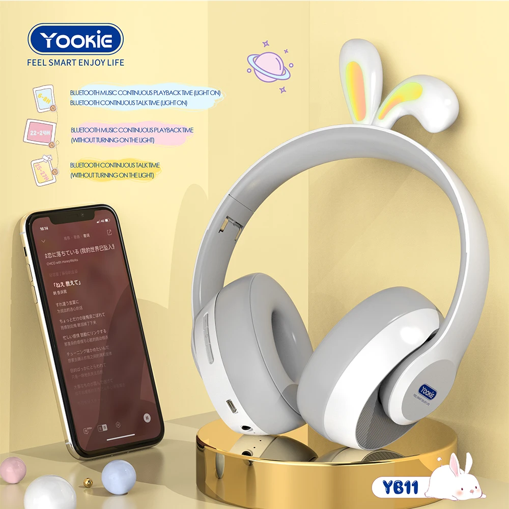 YB11 Led Colour Changing Kids Headset Macaron Over Head Children Headphone Rabbit Ear Shaped Bt Wireless Headphone