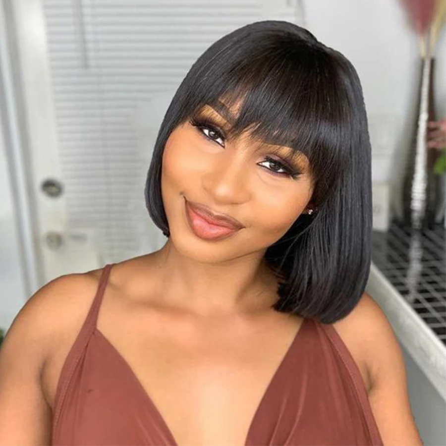 100% natural black short bob wig with bangs for black women, brazilian virgin remy straight human hair fringe bob style cut wig