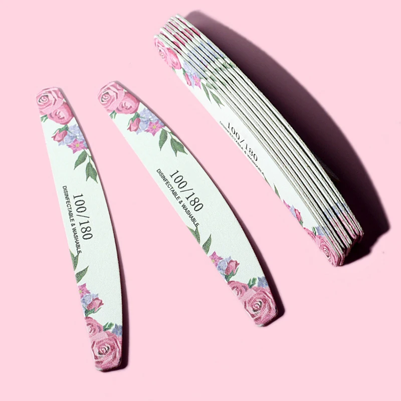 Custom Flower Print Nail File Double Sided 100 180 Zebra Nail File Disposable Half Moon Wood Nail File