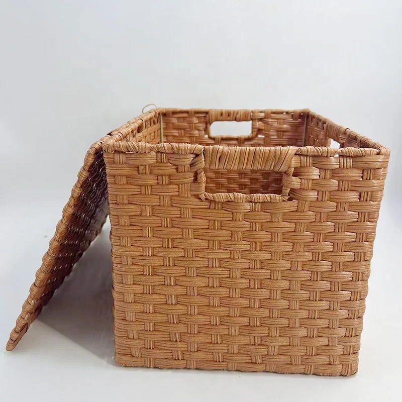 large size plastic handwoven rectangular storage basket with cover lid