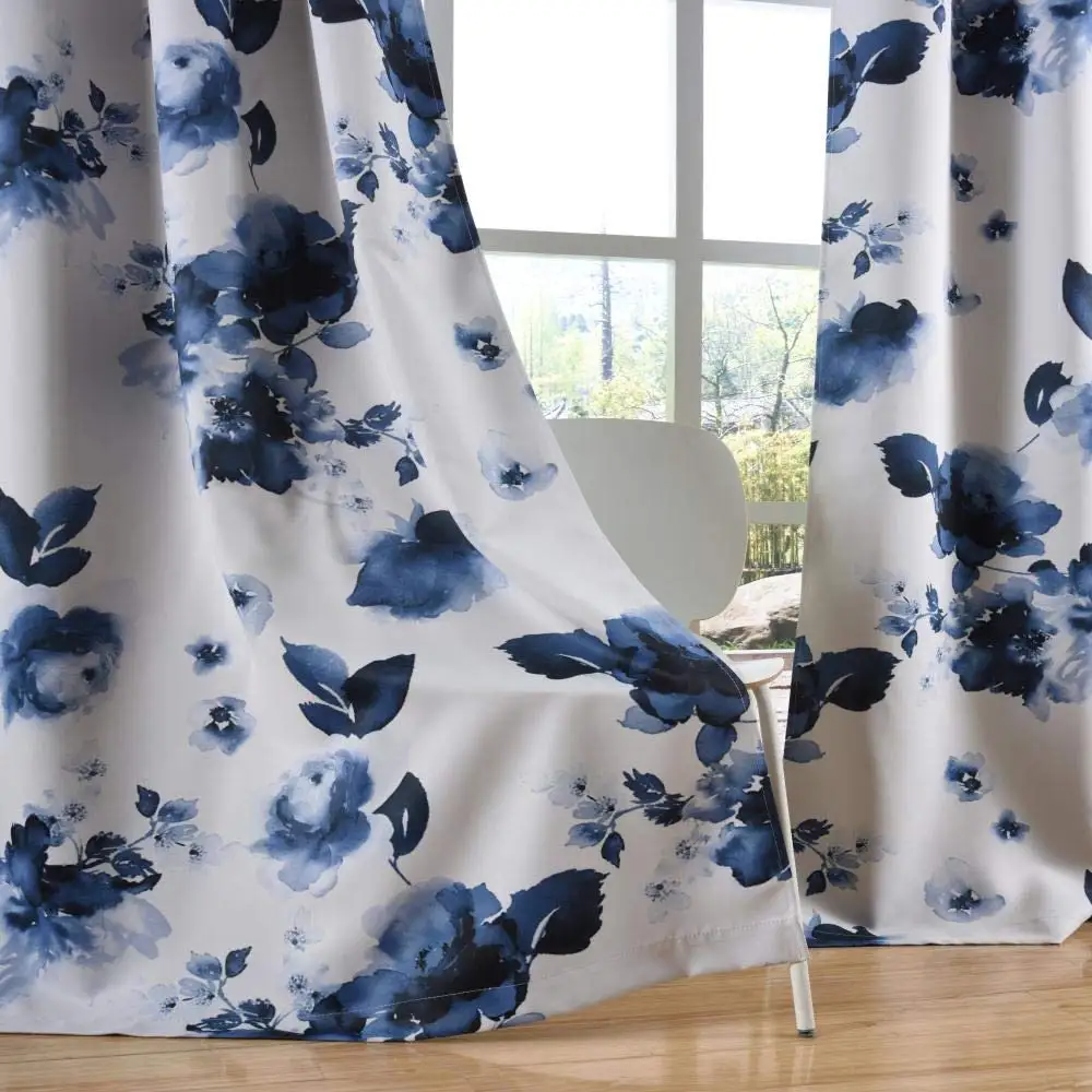 Blue printed black out curtains/Luxury and elegance grommets curtains for living room and bedroom