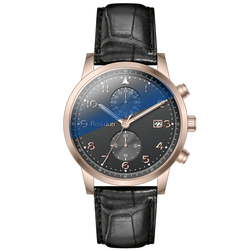Trend design classical sports waterproof Genuine Leather men quartz watches wristwatches with Two Time Zone