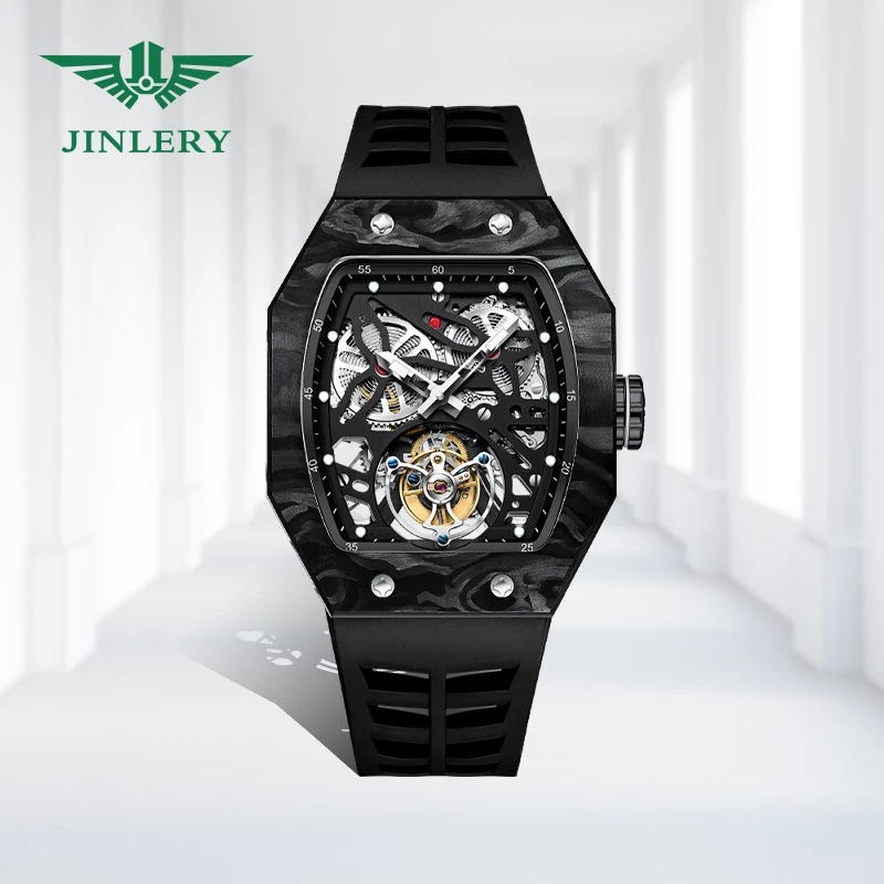 JINLERY tourbillon double sided engraved Skeleton wrist watch luminous pointer mechanical tourbillon watch
