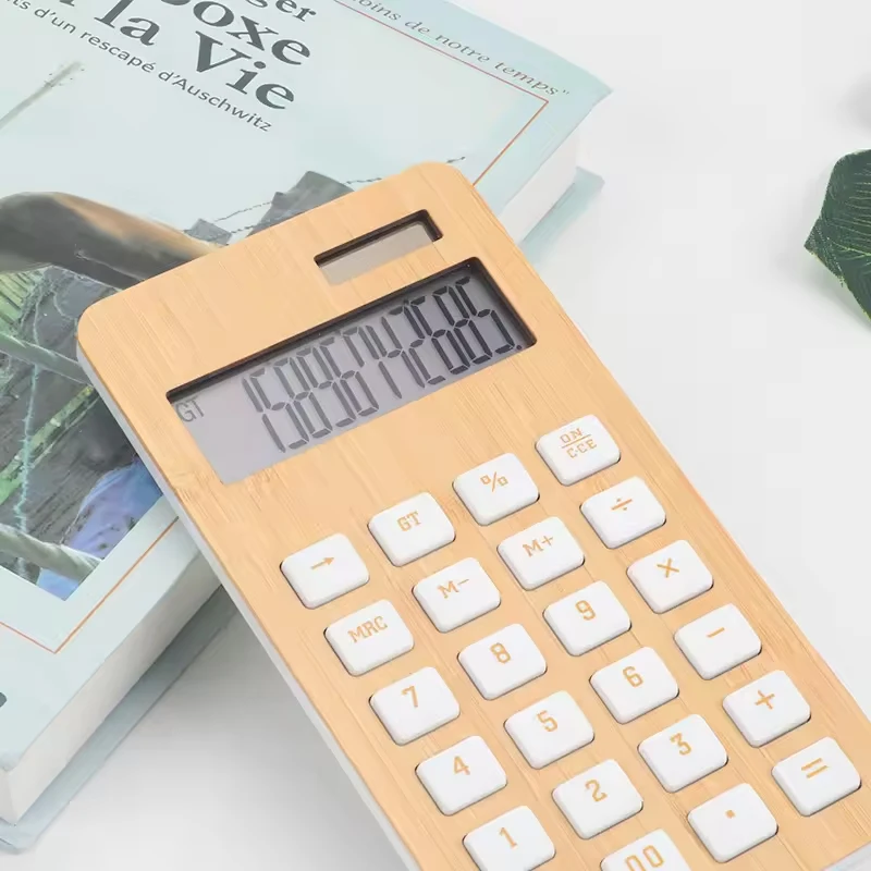 Eco Friendly Bamboo Handheld Calculator Student Financial Desktop Office Learning 12-Digit Display Wood Calculator