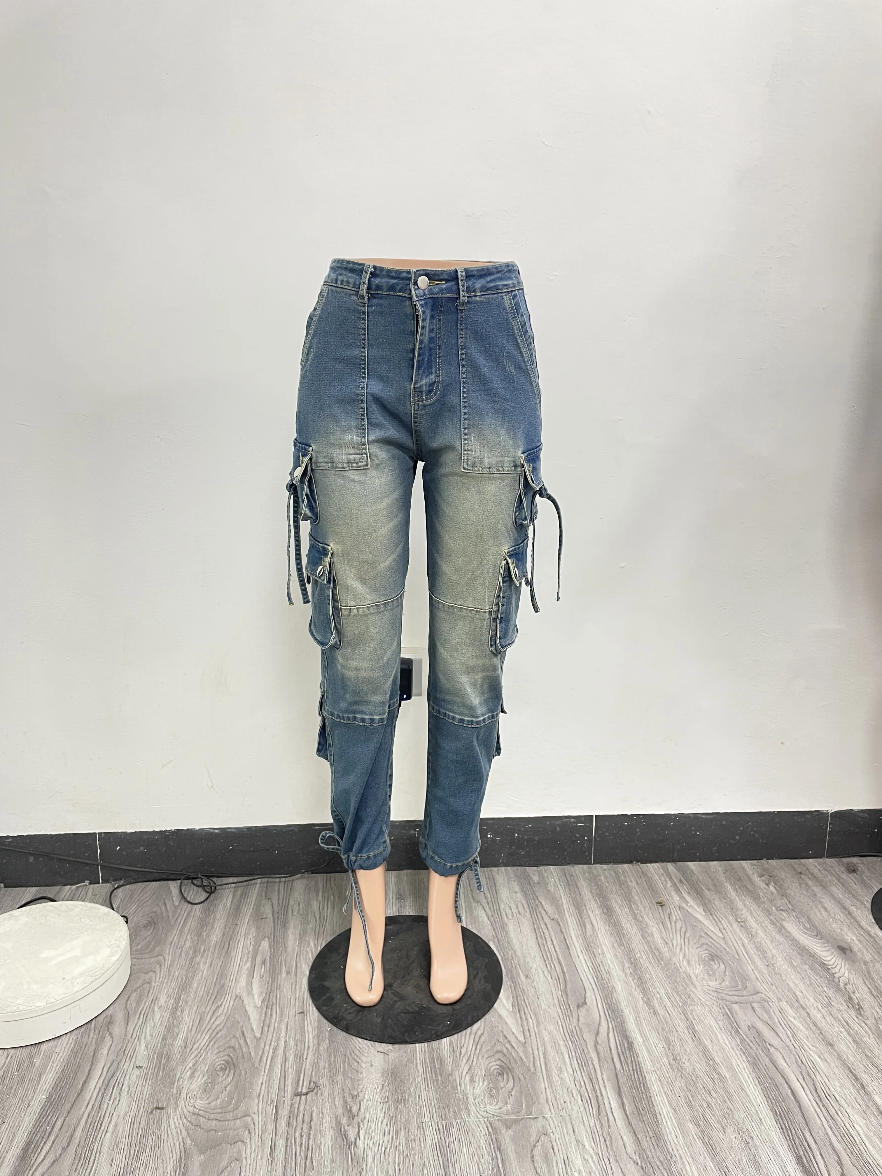 L059 Retro Low-Rise Zipper Cargo Stretch Jeans Washed Distressed Casual Style Denim Cotton Polyester Skinny Fit Colored Waist