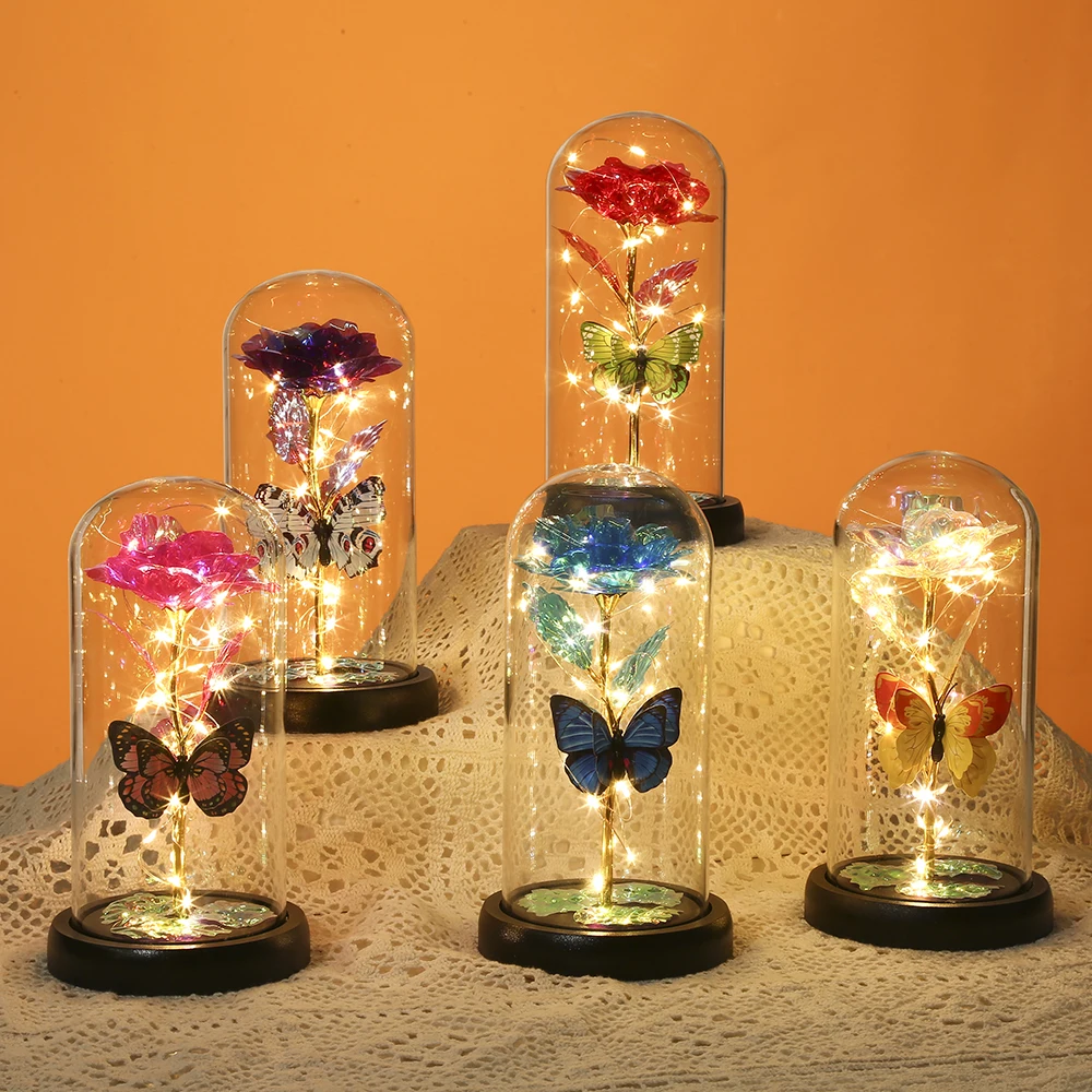 New Design Led Light Up Roses in Dome Artificial Rose Flower Light in a Glass