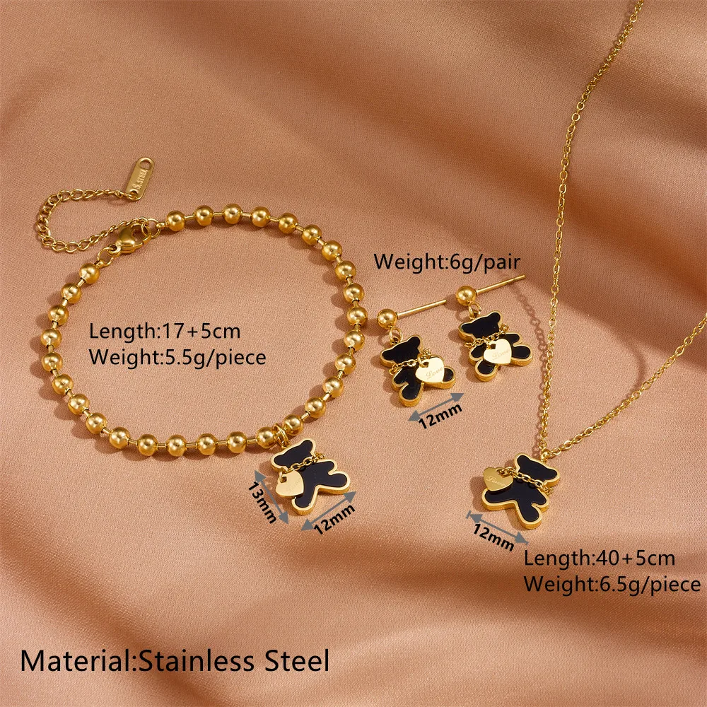 Wholesale Cute Bear Peach Heart Titanium Steel Jewelry Set Stainless Steel Necklace Earring Fashionable Jewelry para mujer