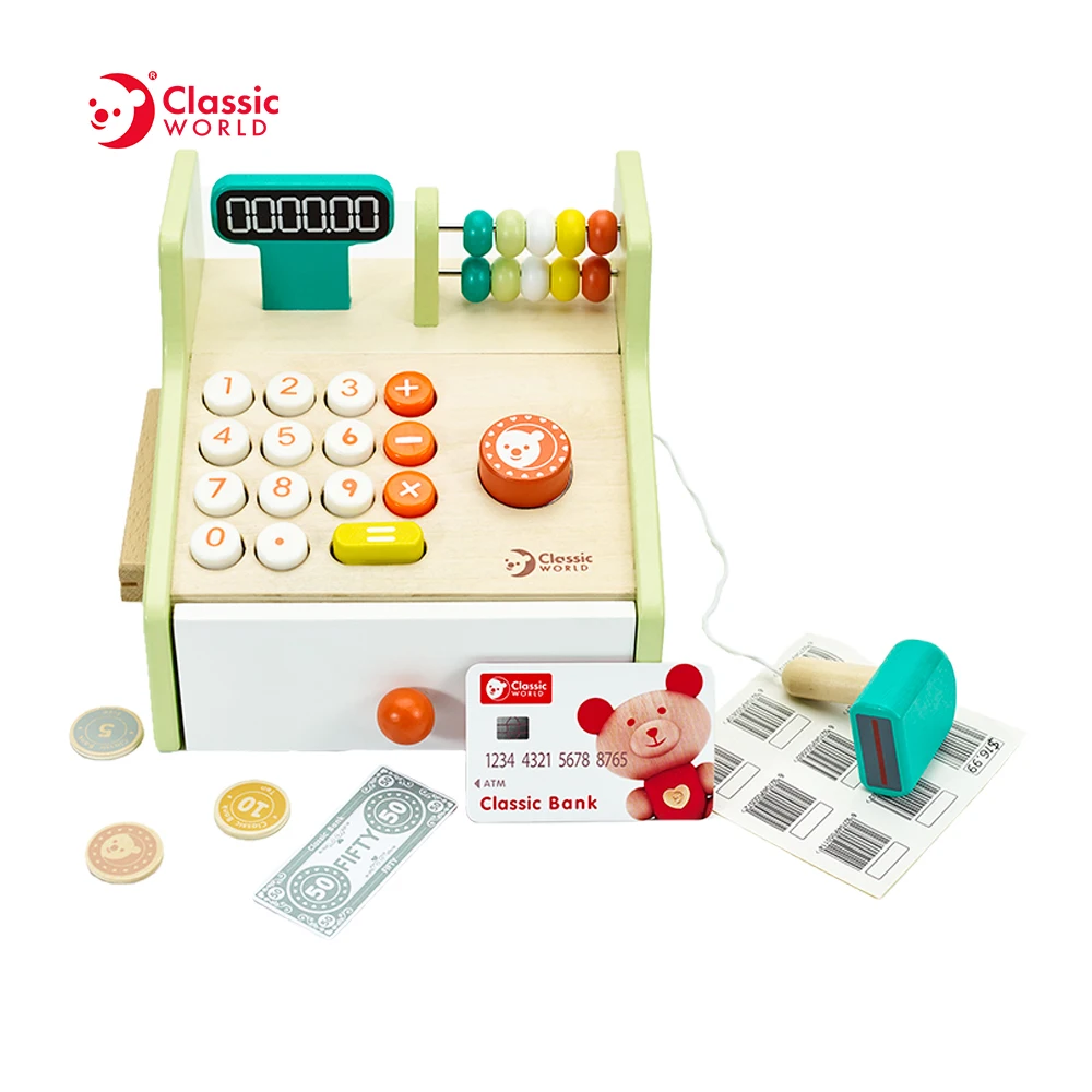 Kids Natural Solid Wooden Pretend Play Set Role Play Educational Toys Cash Register