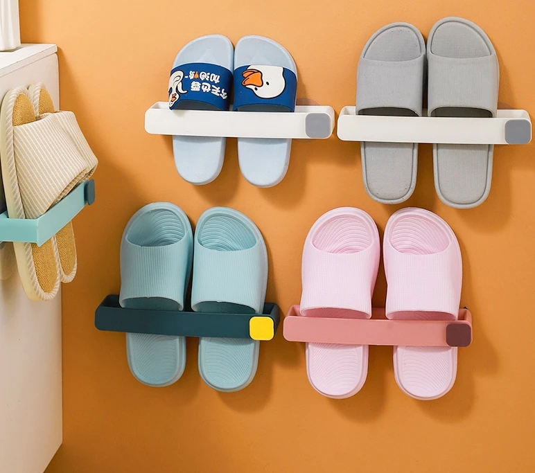 Wall Mounted Plastic Shoe Storage Rack With Hooks Plastic Slippers Shoes Organizer Home  Bathroom Pot Storage Shelf Shoe Holder