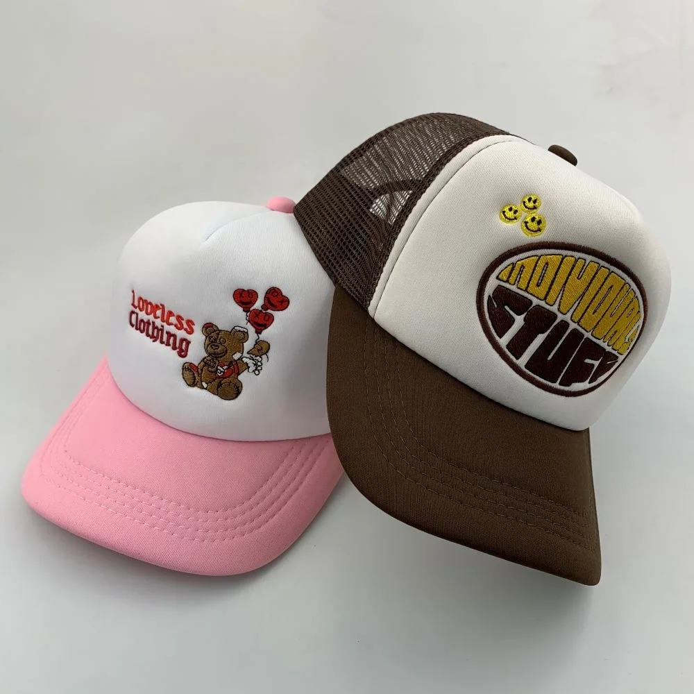 Custom high quality embroidery trucker hats trucker caps with screen printing logo plain foam trucker caps