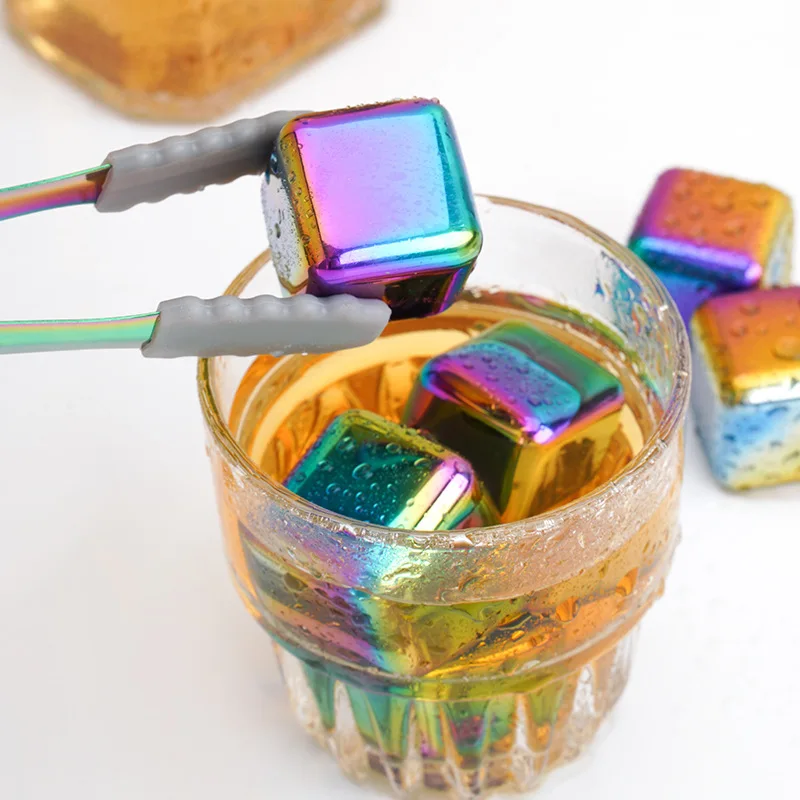 Colorful 304 Stainless Steel Whiskey Stone Ice Cube Reusable Chilling Electroplated Colored Whiskey Stones Shunston Factory