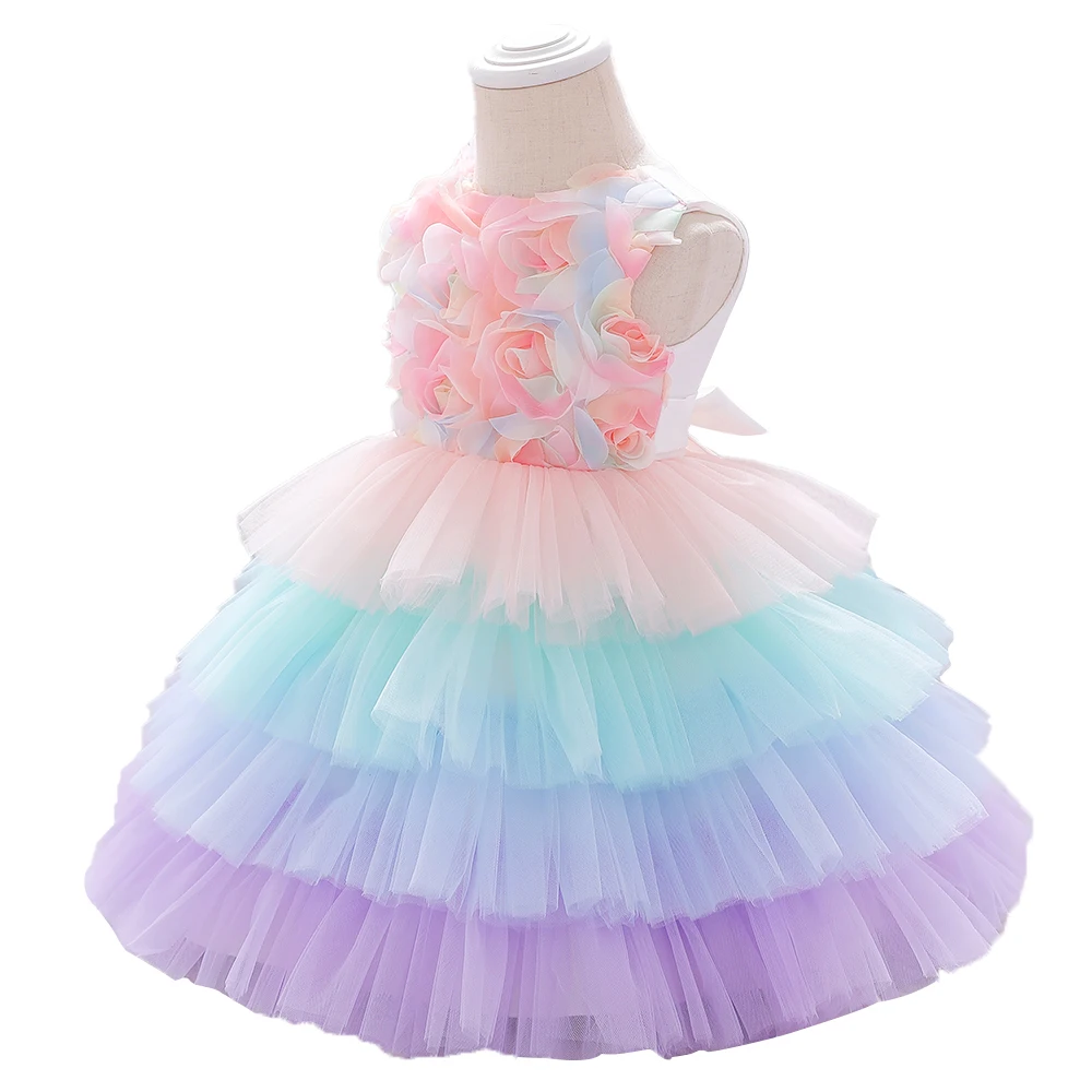 New baby girls princess dress kids Rainbow flower net yarn cake birthday party wending dress cloth infant baby girls pettiskirt