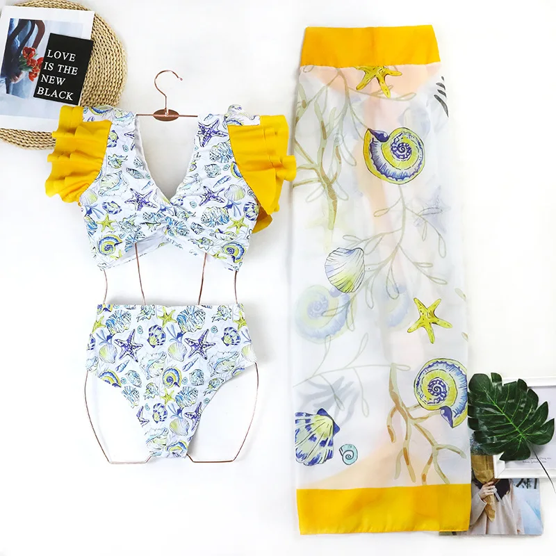 2023 Women Bathing Suit Floral Ruffled Swimwear Vintage High Waist Bikini Set With Sarong