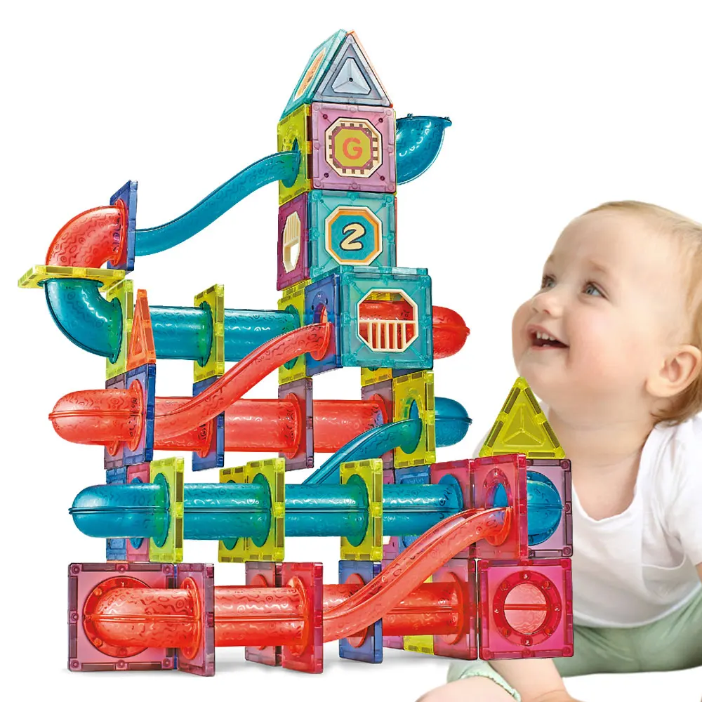 145PCS 7.5CM Imagination Montessori Toys Assembly Track Rolling Ball Marble Run Building Blocks Magnetic Tile