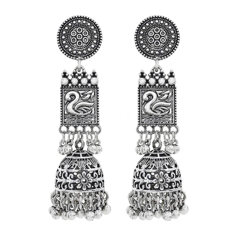 Indian Earrings Jewelry Metal Carved Bell Pendant Retro Earrings Round Square Geometric Long Indian Palace Earrings